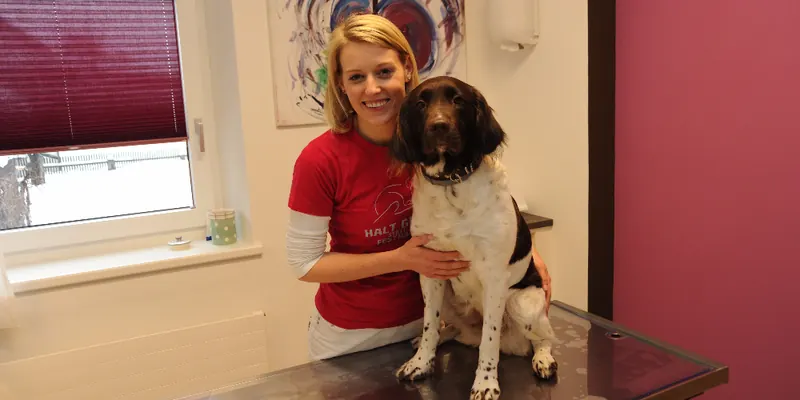 Dr. Elke Zimmermann mit einem Hund auf dem Behandlungstisch